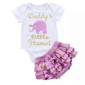 Daddy's Little Peanut Elephant Ivory Gold Purple Bodysuit & Bloomer Set 3-6 M